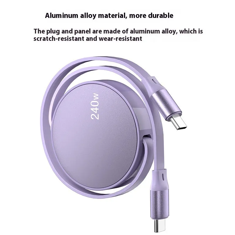 Purple telescopic 240WPD Type-C fast charging data cable with aluminium alloy finish, 1 metre length