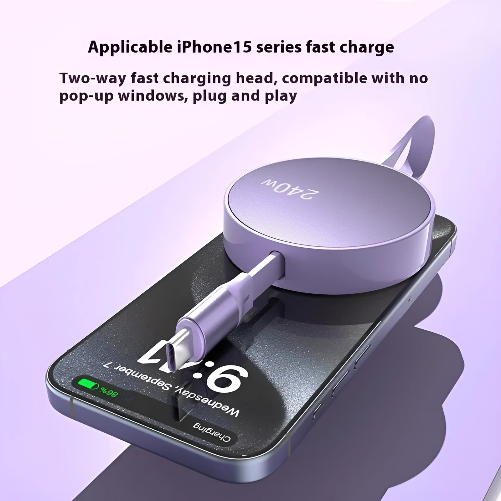 Purple telescopic 240WPD Type-C fast charging data cable with aluminium alloy finish, 1 metre length