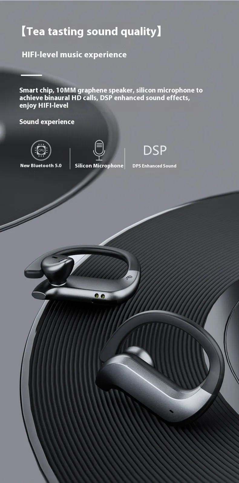 Black plastic ear-mounted wireless TWS Bluetooth headset with digital display screen for battery level