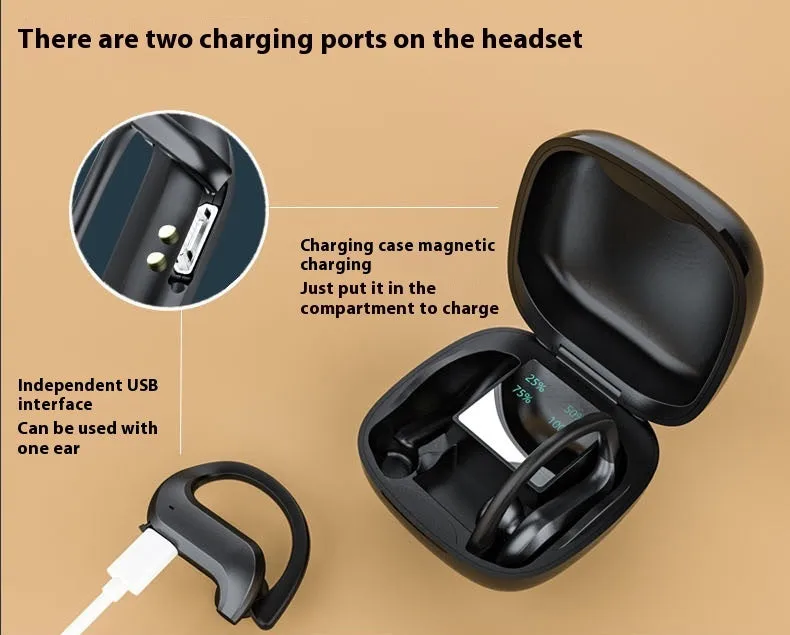 Black plastic ear-mounted wireless TWS Bluetooth headset with digital display screen for battery level