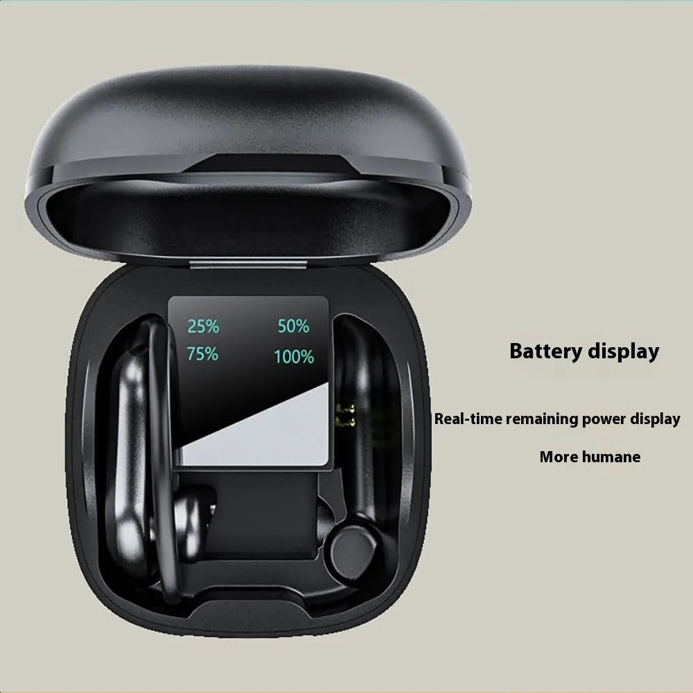 Black plastic ear-mounted wireless TWS Bluetooth headset with digital display screen for battery level