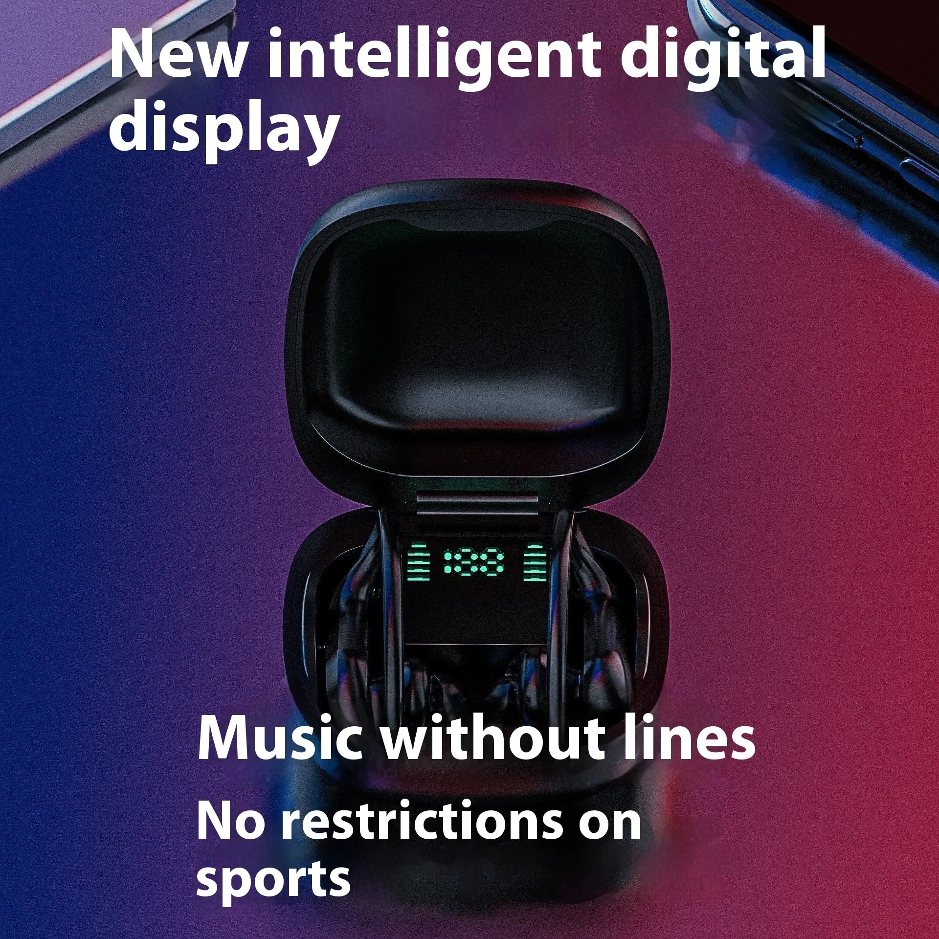Black plastic ear-mounted wireless TWS Bluetooth headset with digital display screen for battery level