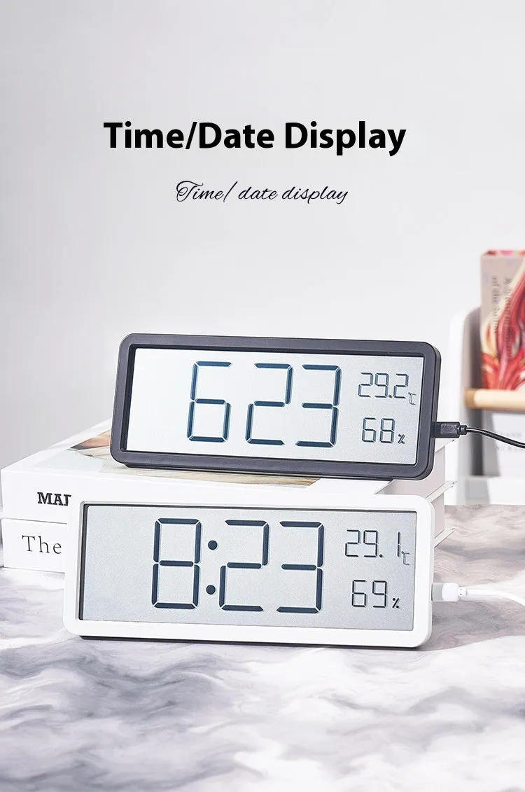 Simple large screen temperature and humidity clock with plastic shell in white Nordic style on a desk