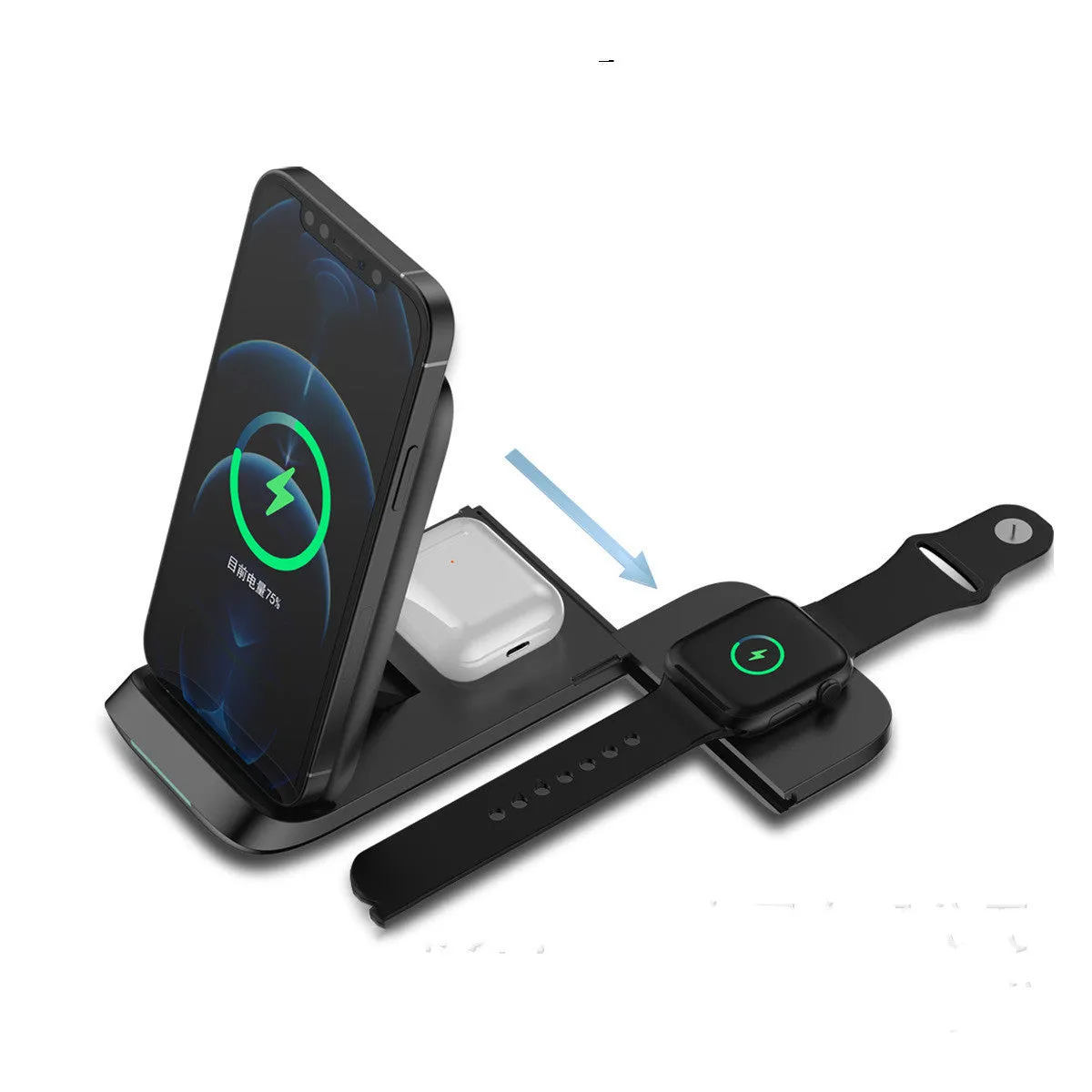 Foldable 3-in-1 wireless charging station showing charging surfaces for iPhone, AirPods, and Apple Watch