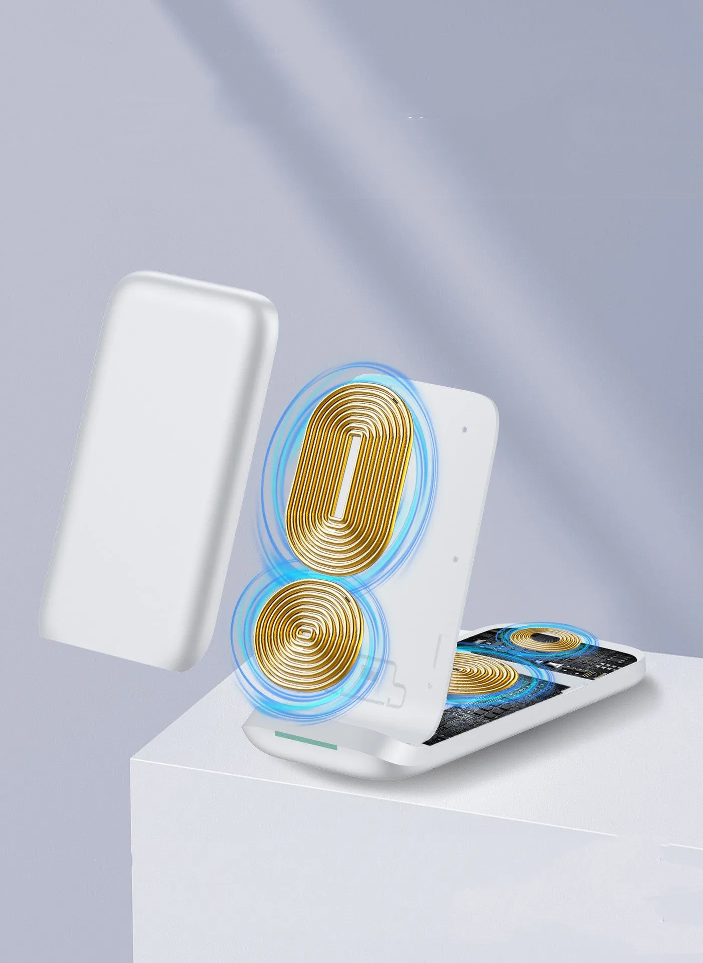 Foldable 3-in-1 wireless charging station showing charging surfaces for iPhone, AirPods, and Apple Watch