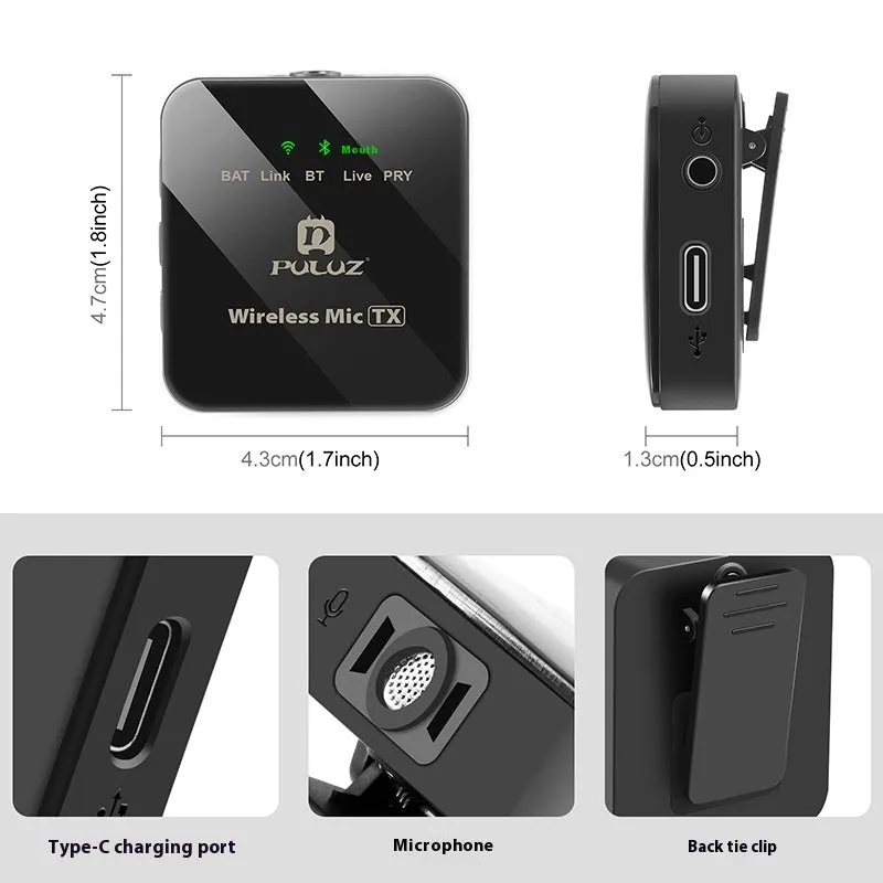 Wireless neckline clip microphone with carbon fibre transmitter, charging cable, and receiver for outdoor recording