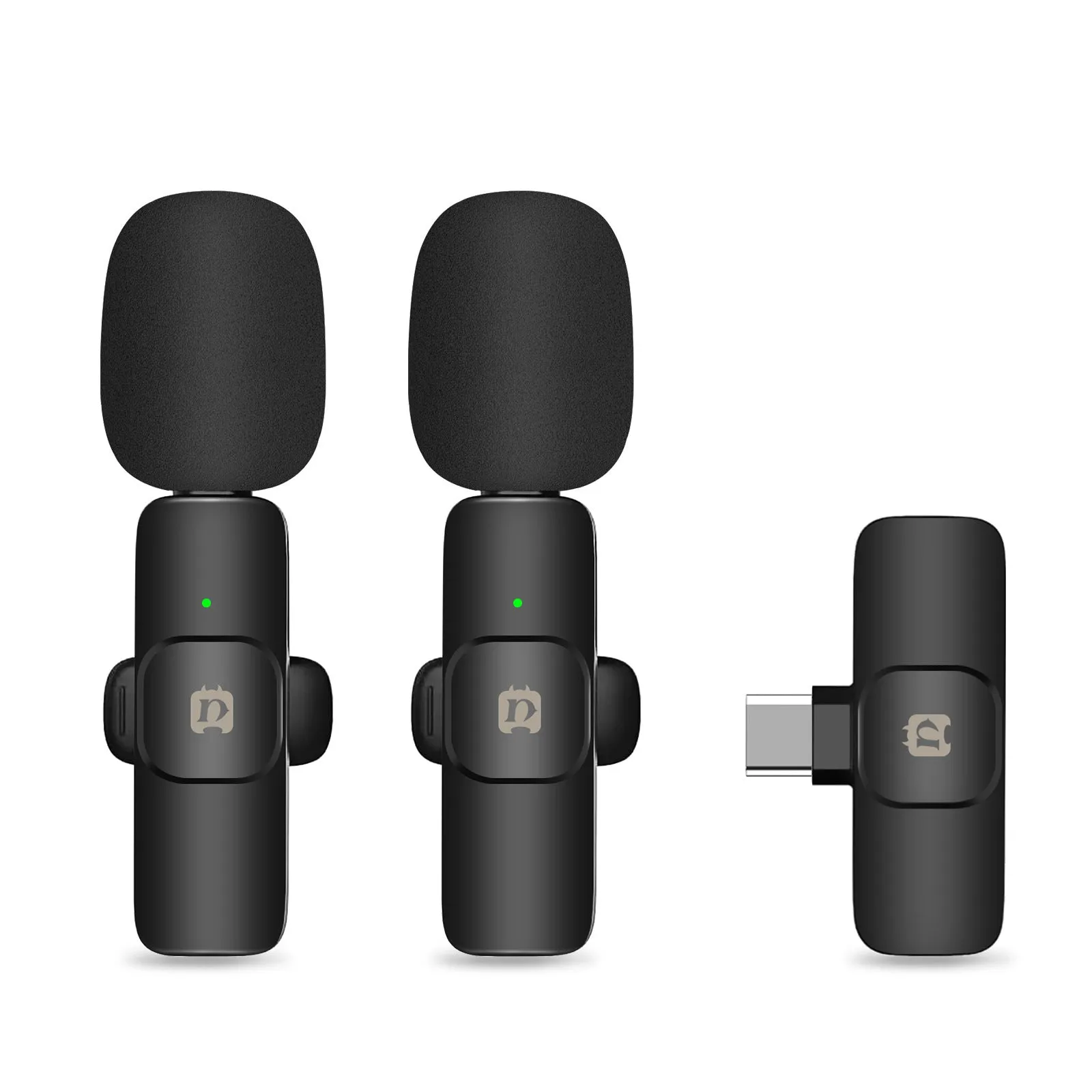Wireless neckline clip microphone with carbon fibre transmitter, charging cable, and receiver for outdoor recording