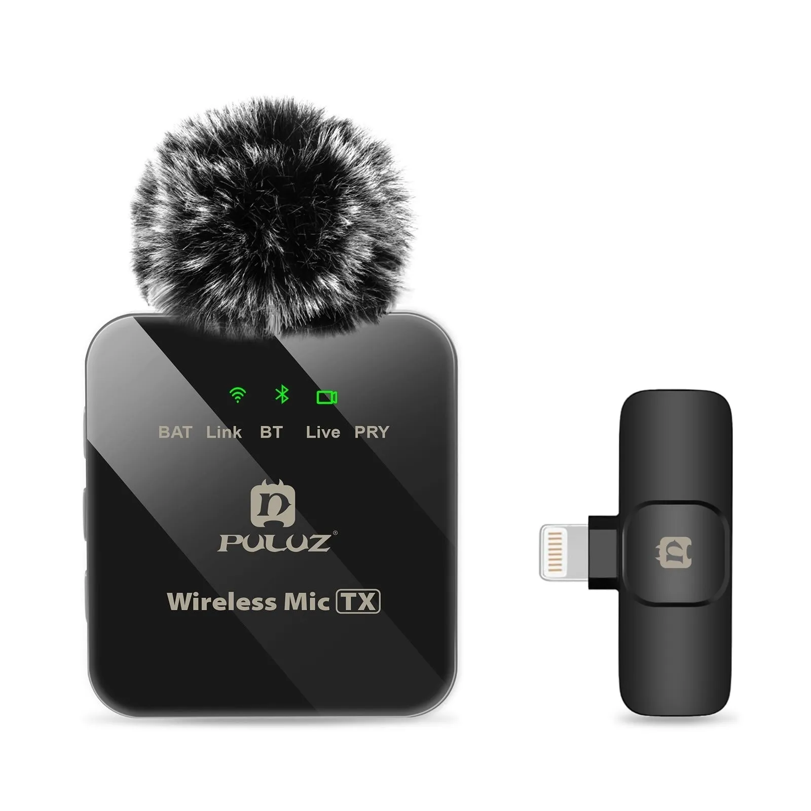 Wireless neckline clip microphone with carbon fibre transmitter, charging cable, and receiver for outdoor recording