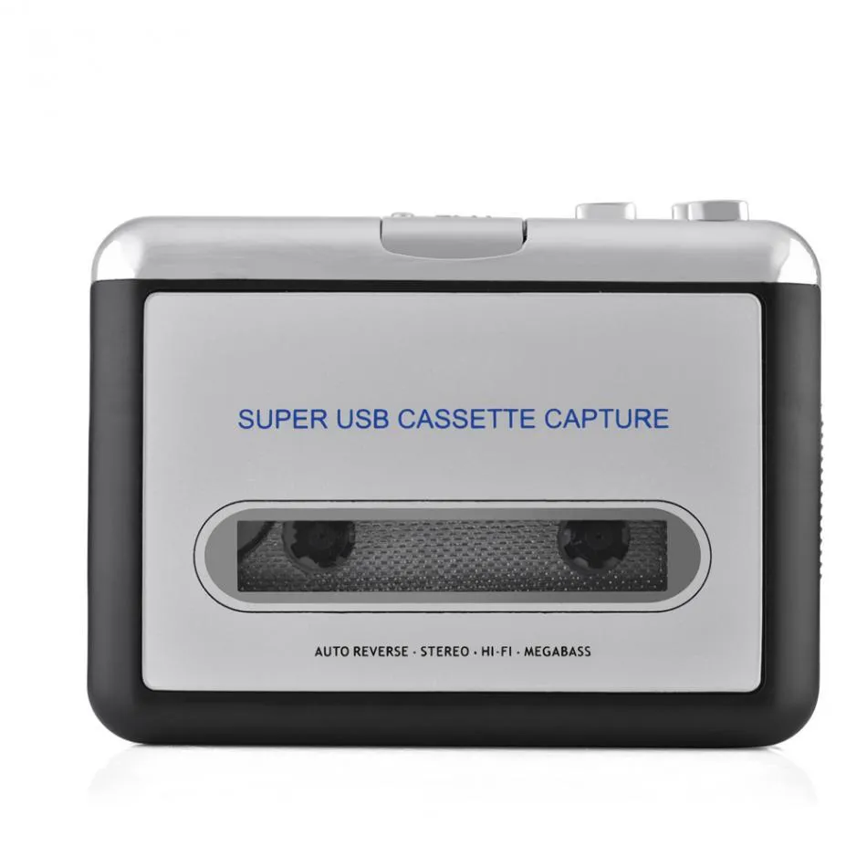 Silver USB cassette to MP3 converter unit with USB cable on a white background.