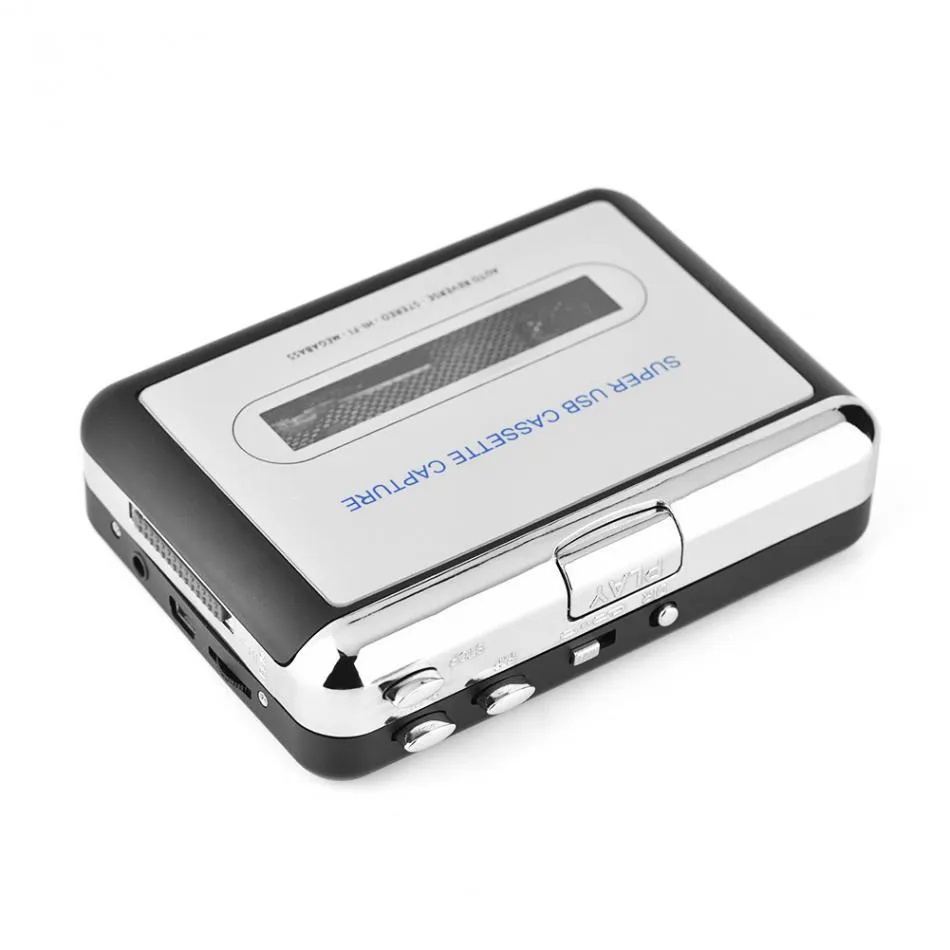 Silver USB cassette to MP3 converter unit with USB cable on a white background.