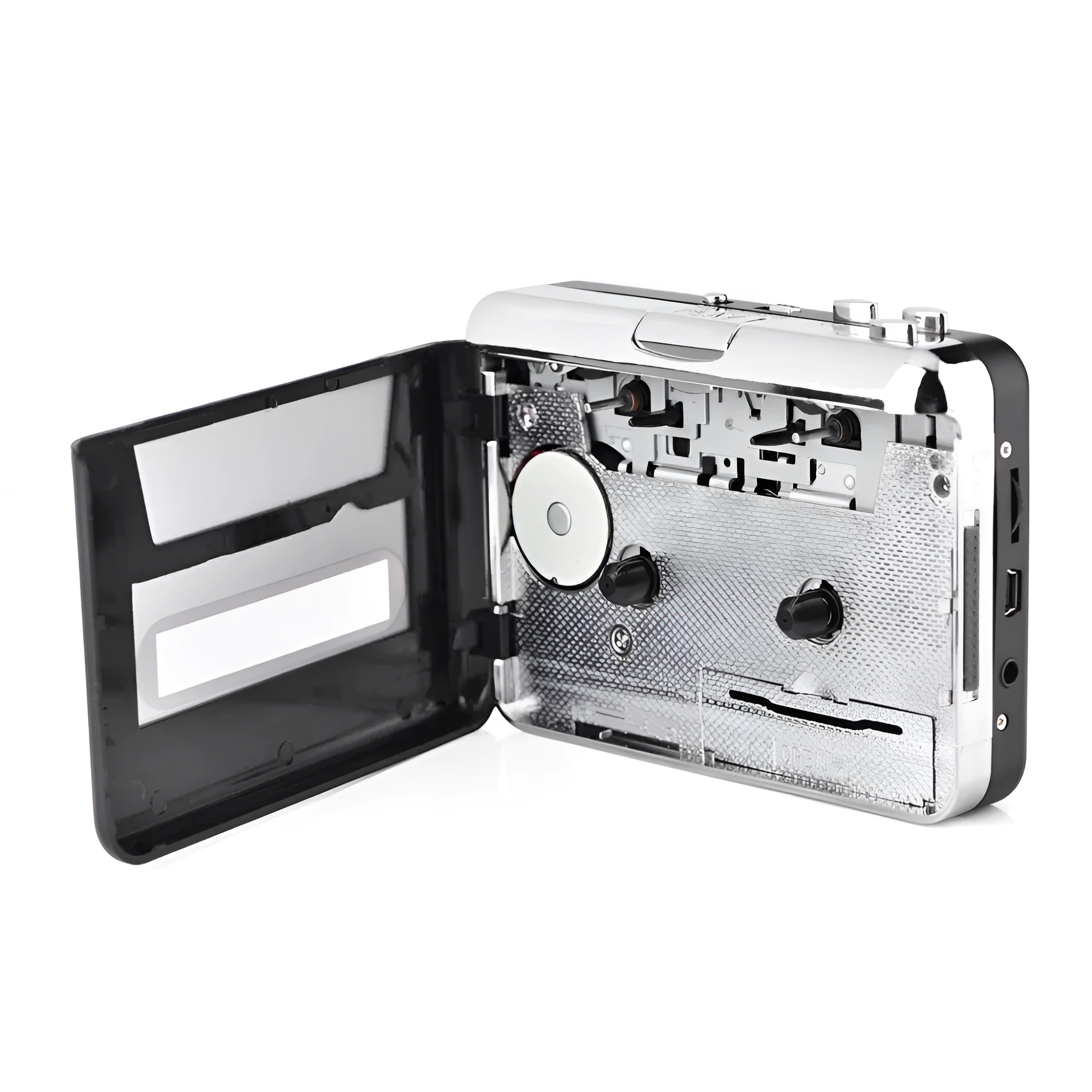 Silver USB cassette to MP3 converter unit with USB cable on a white background.
