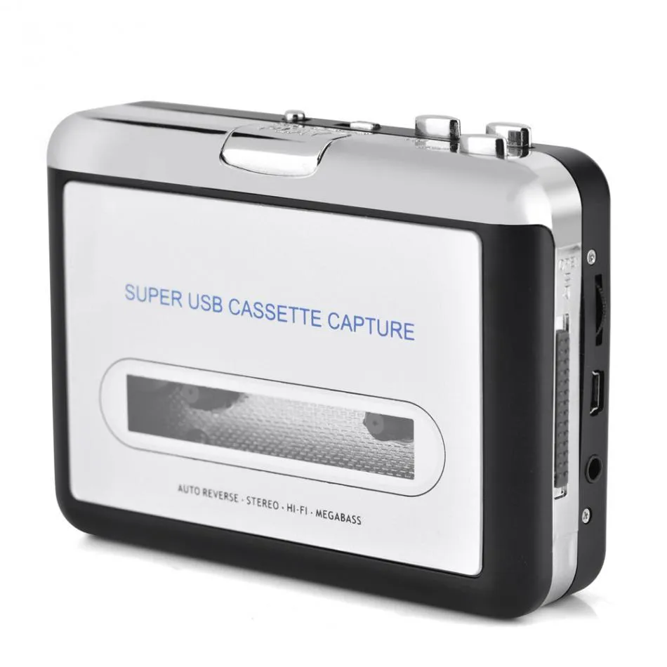 Silver USB cassette to MP3 converter unit with USB cable on a white background.