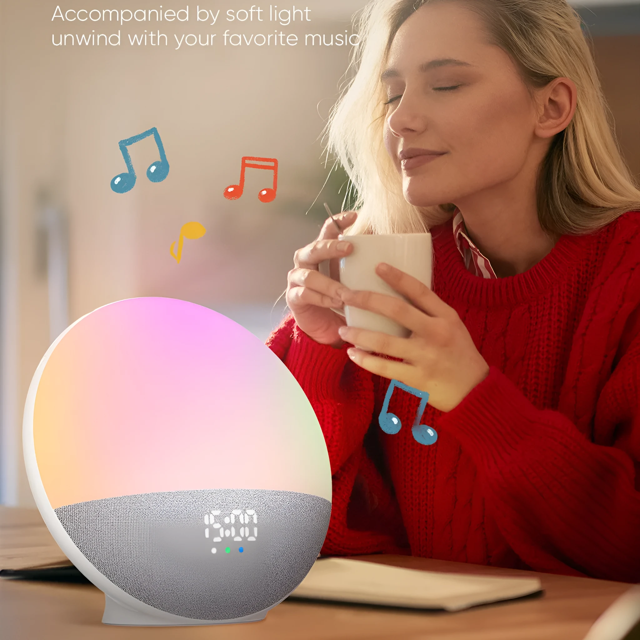 White Bluetooth speaker with RGB colourful luminous lights on a table