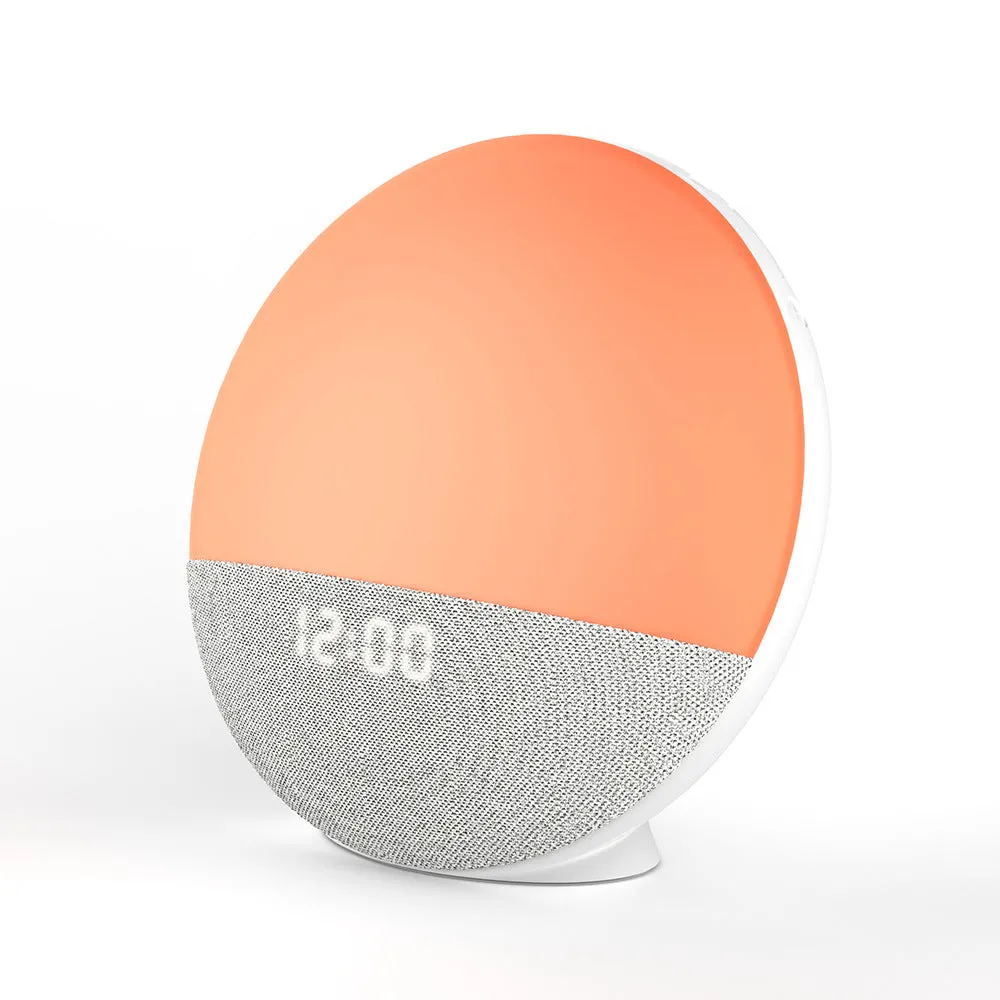 White Bluetooth speaker with RGB colourful luminous lights on a table