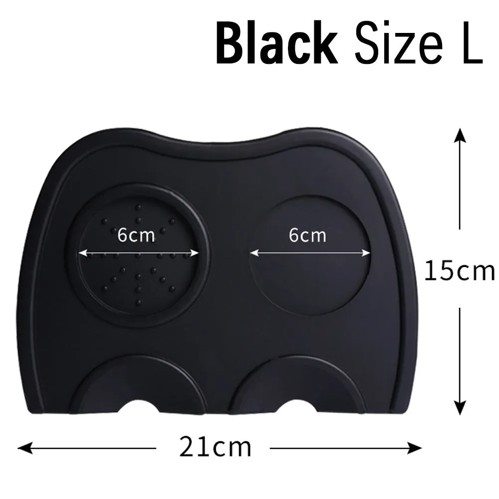 Black silicone coffee tamper pad with stainless steel base for non-slip espresso preparation