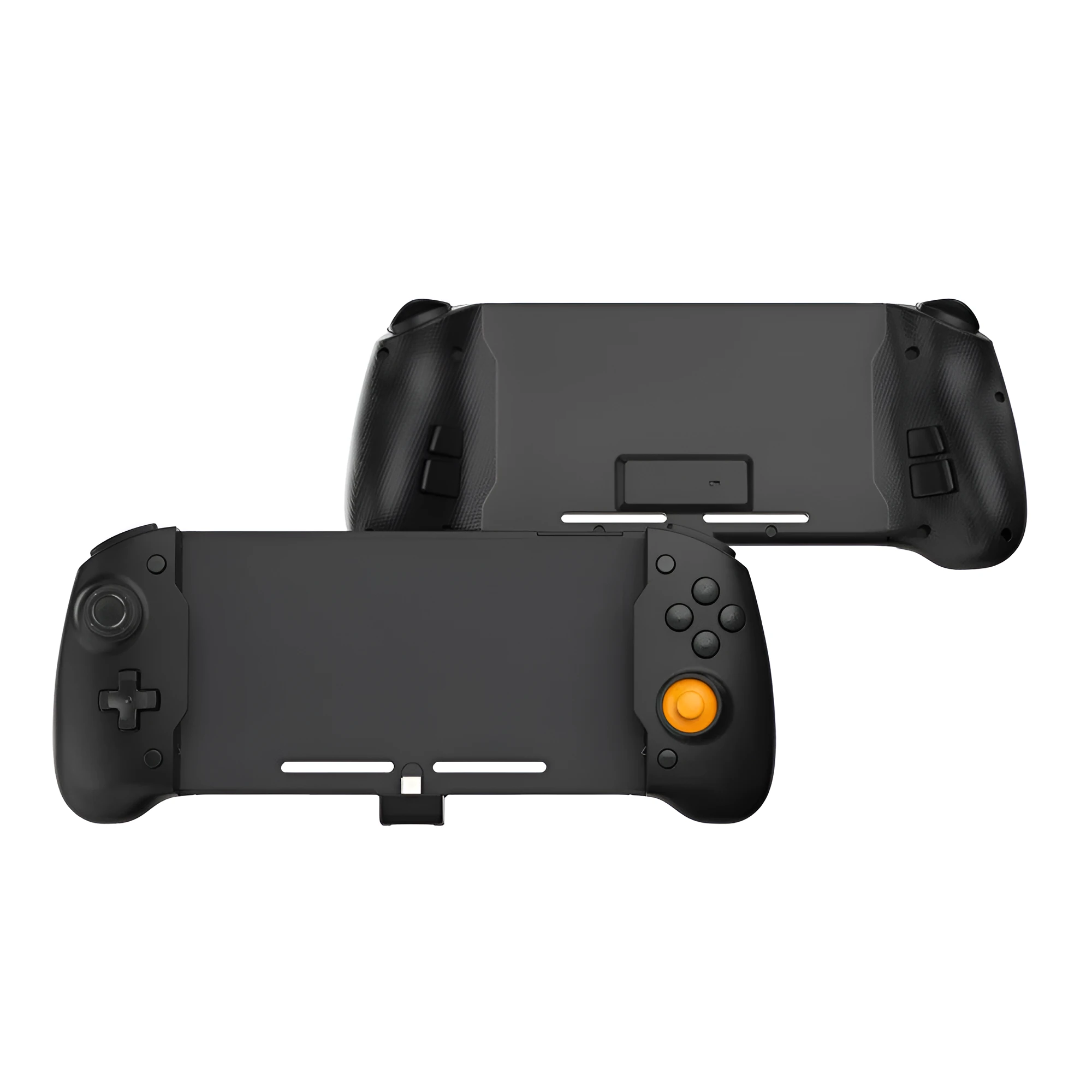 Black or white portable Switch gamepad handle showing console insertion point, buttons, and Type-C charging port.
