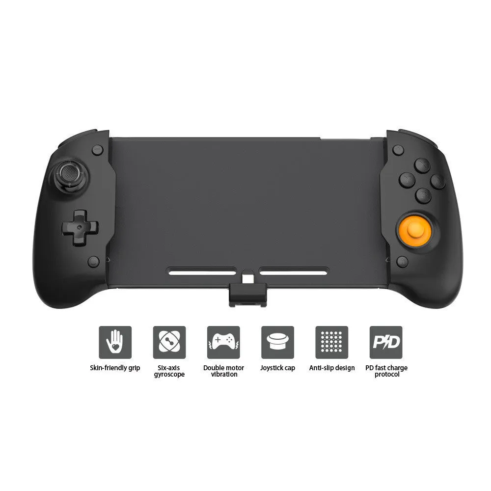 Black or white portable Switch gamepad handle showing console insertion point, buttons, and Type-C charging port.