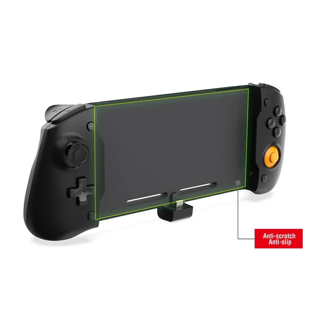Black or white portable Switch gamepad handle showing console insertion point, buttons, and Type-C charging port.