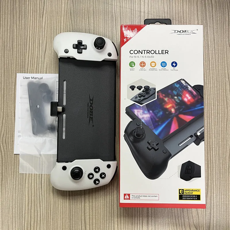 Black or white portable Switch gamepad handle showing console insertion point, buttons, and Type-C charging port.