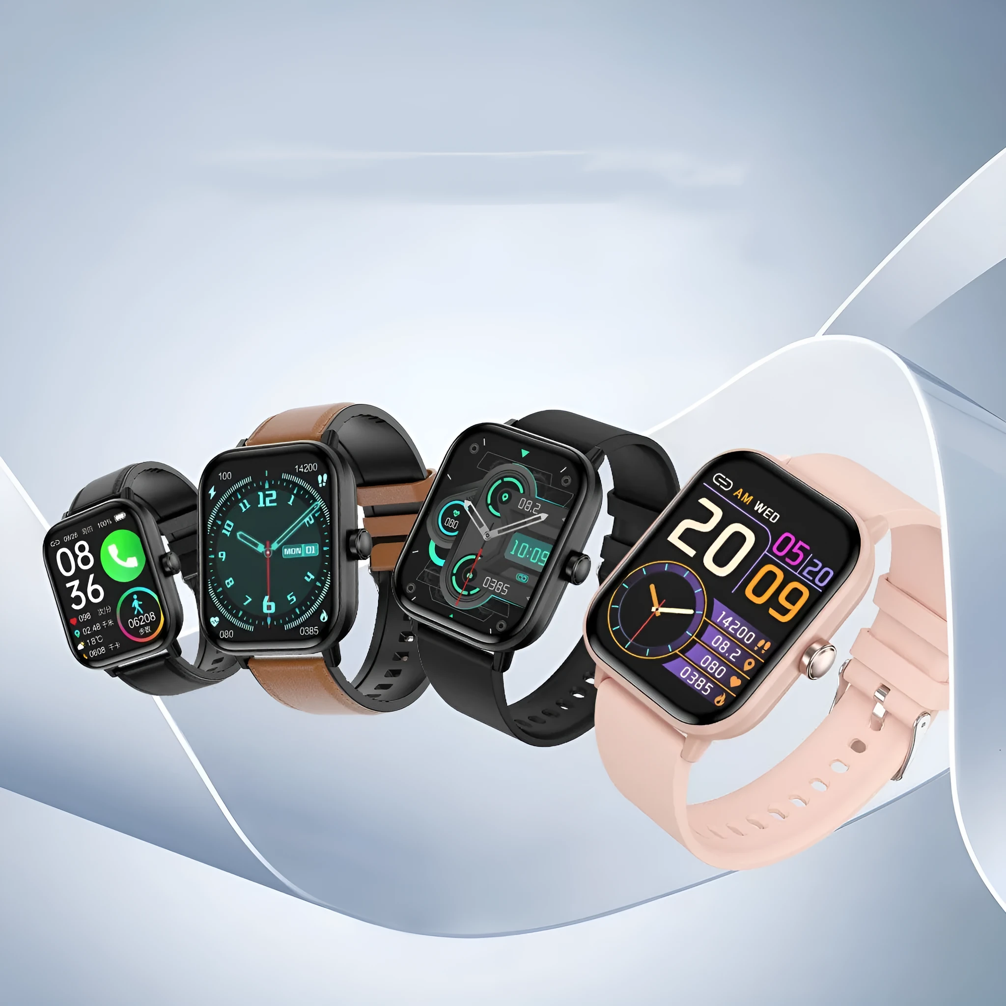 Smart watch with TFT screen, Bluetooth calling, heart rate and blood pressure sensors, plastic case, sports strap, colour options Black Pink Black Leather Brown Leather