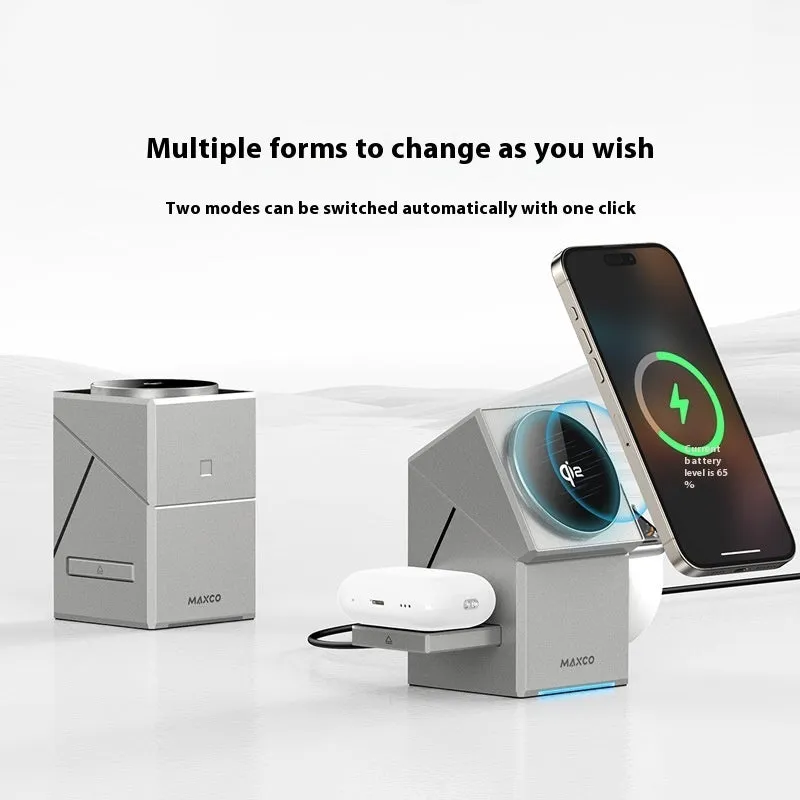 Qi2 magnetic touch rotating 3-in-1 wireless charger silver gray for phone earphones watch