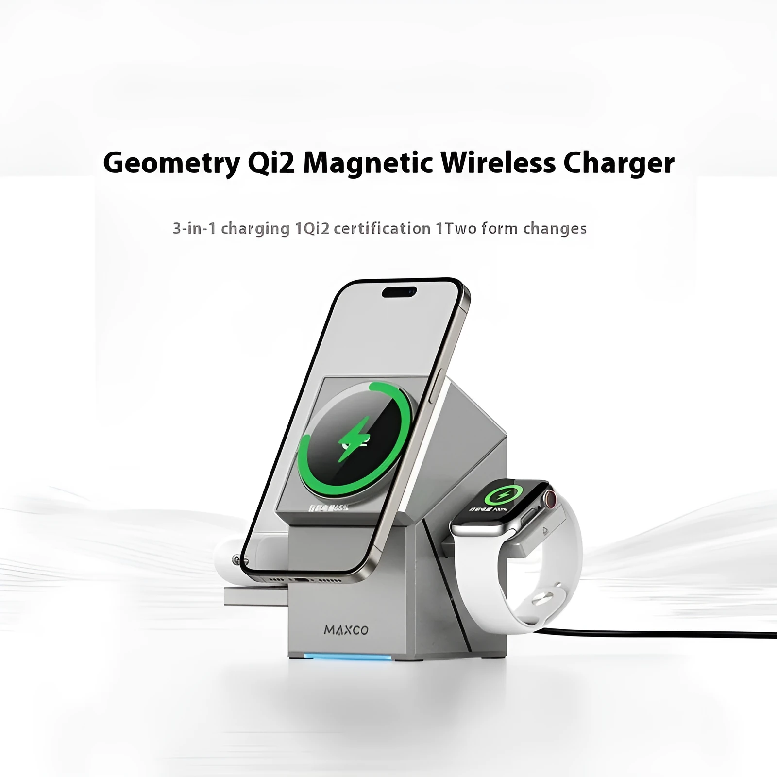 Qi2 magnetic touch rotating 3-in-1 wireless charger silver gray for phone earphones watch