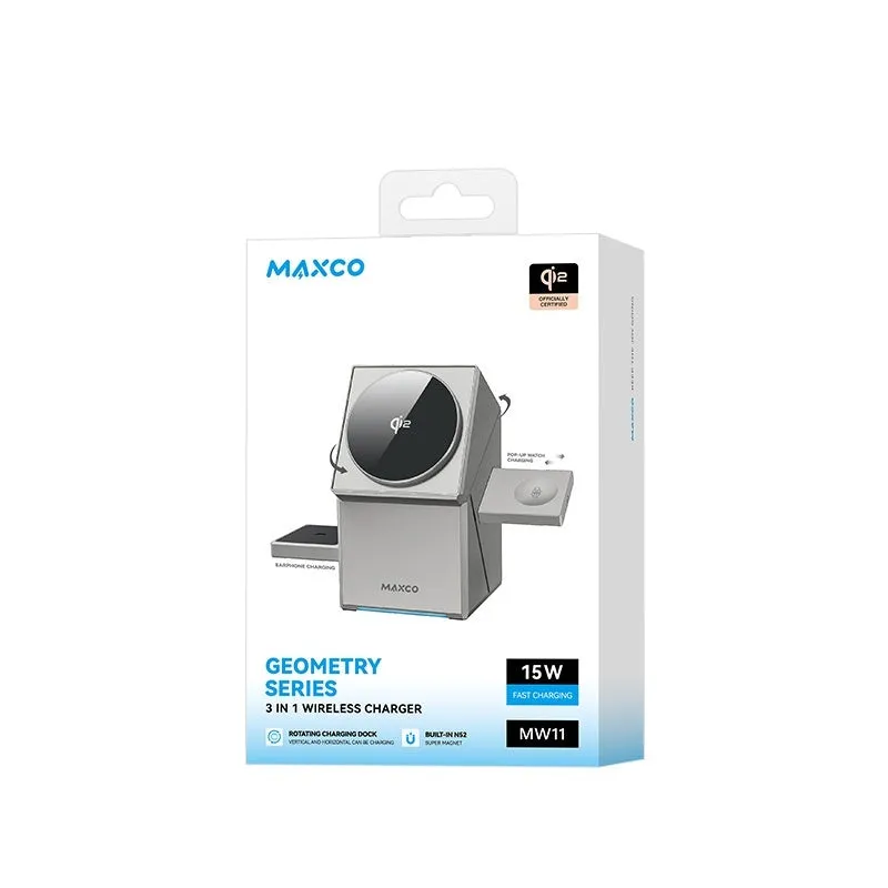 Qi2 magnetic touch rotating 3-in-1 wireless charger silver gray for phone earphones watch