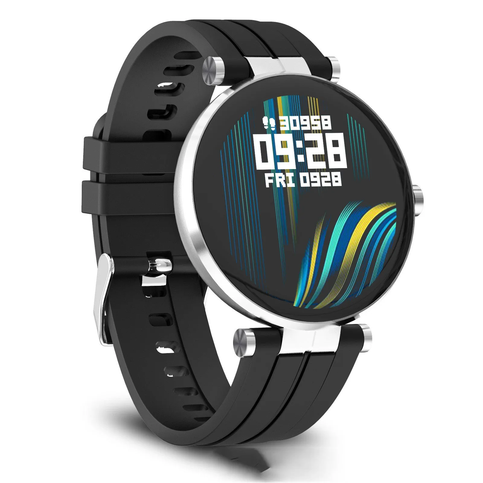 Smart watch with blood pressure monitor on a wrist, showing a black silicone strap and a silver case.