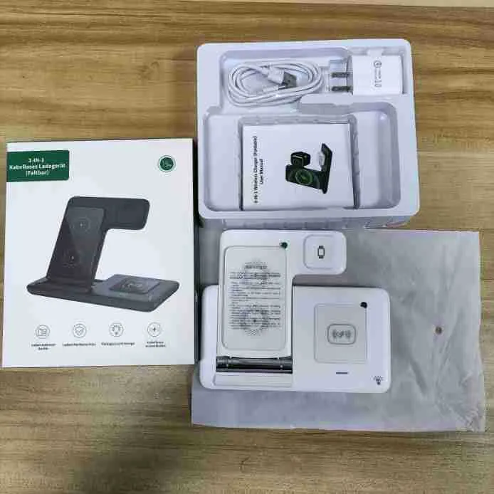 Three-in-one foldable wireless charger in white with twin coil 15W fast charge for smartphone earbuds smartwatch
