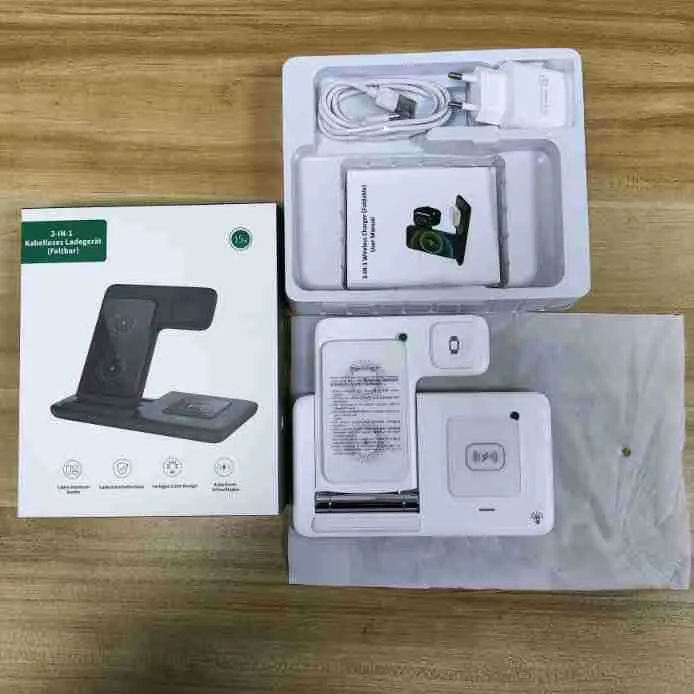 Three-in-one foldable wireless charger in white with twin coil 15W fast charge for smartphone earbuds smartwatch