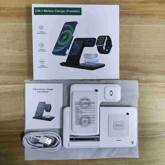 Three-in-one foldable wireless charger in white with twin coil 15W fast charge for smartphone earbuds smartwatch