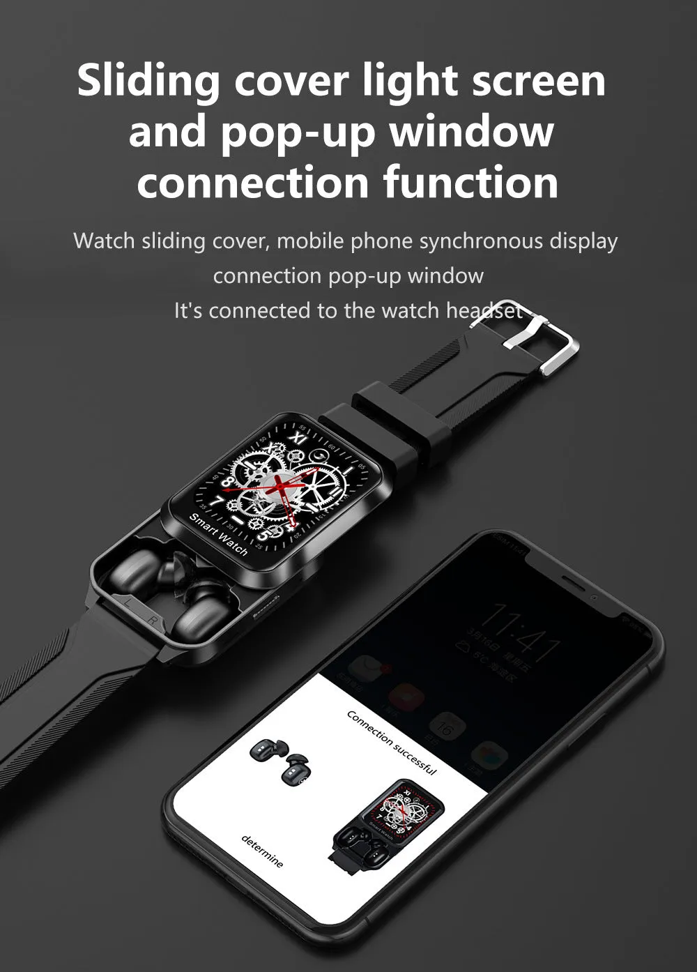 Black Bluetooth smart bracelet with a 1.78-inch split screen display on a silicone wrist strap.
