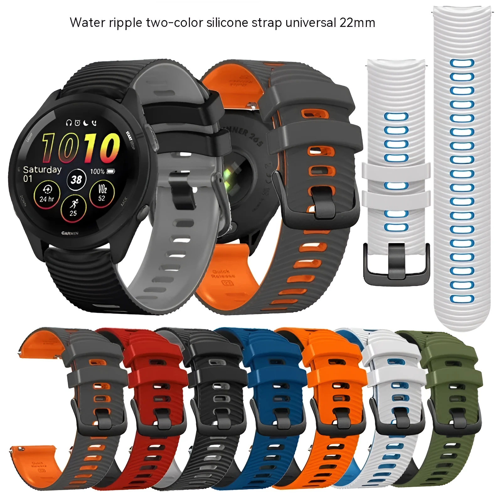 Universal 22mm two-colour water ripple silicone watch strap in army green and black, sports style