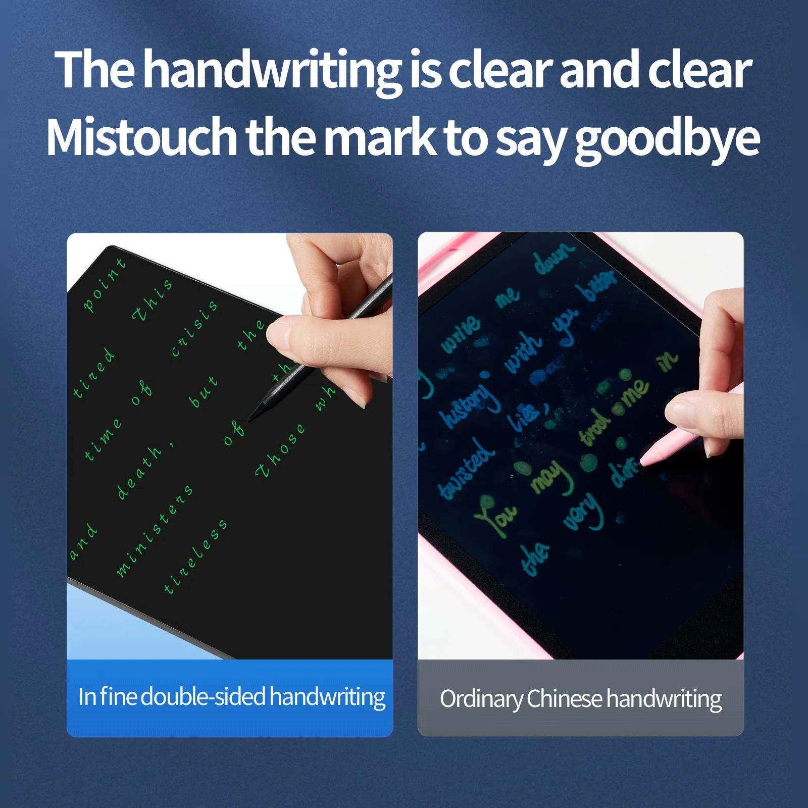 9.5 inch double side screen LCD handwriting board in black with stylus pen on desk