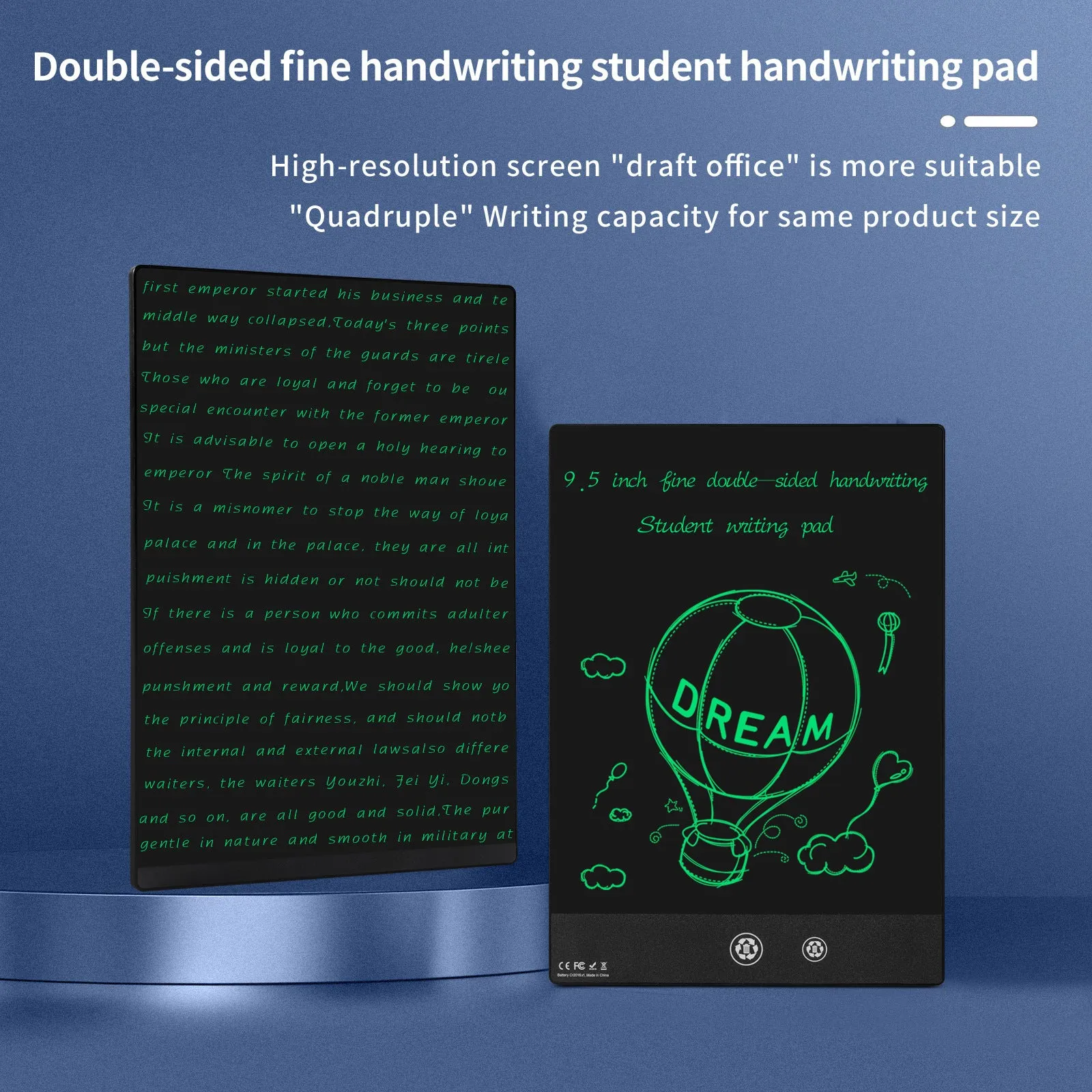 9.5 inch double side screen LCD handwriting board in black with stylus pen on desk