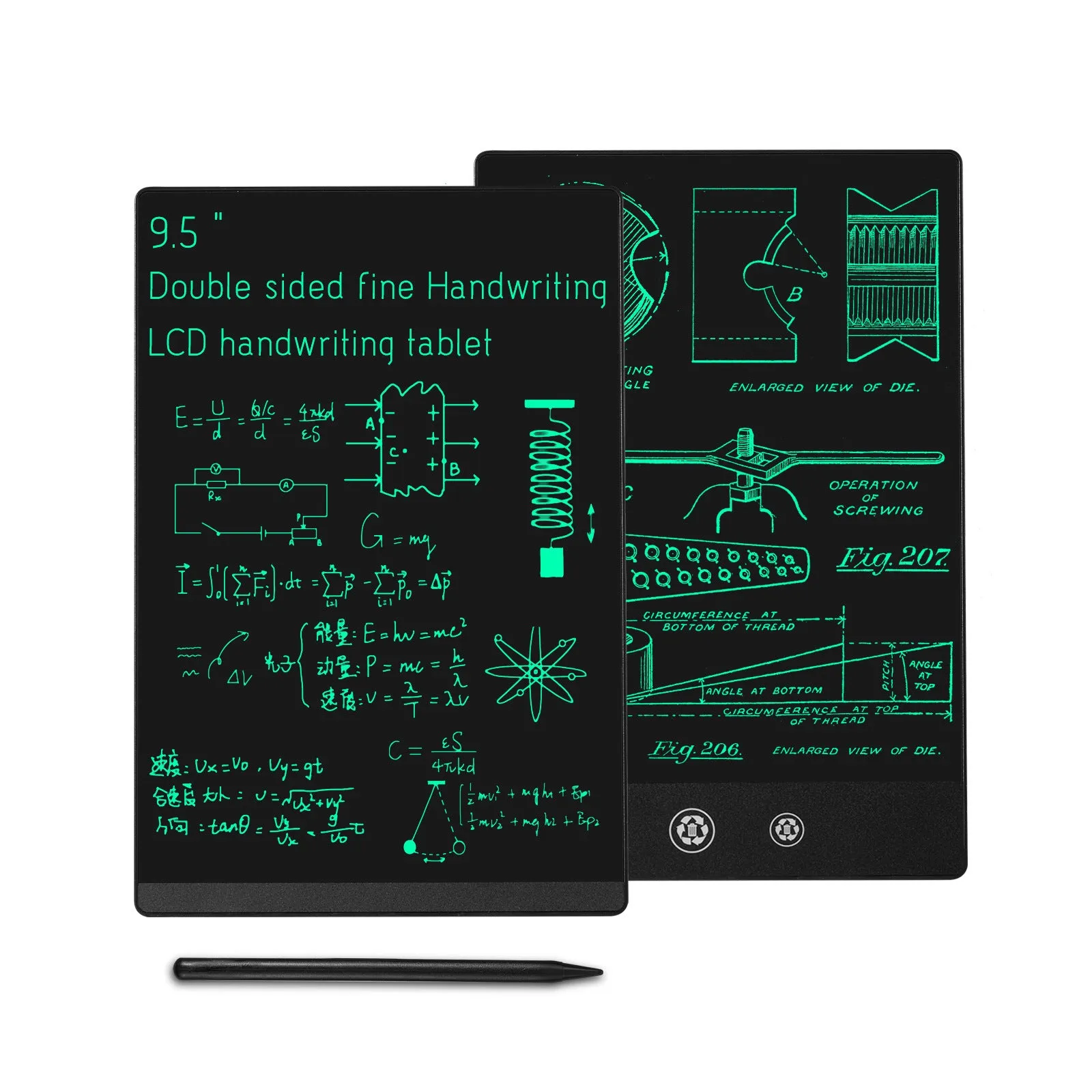 9.5 inch double side screen LCD handwriting board in black with stylus pen on desk