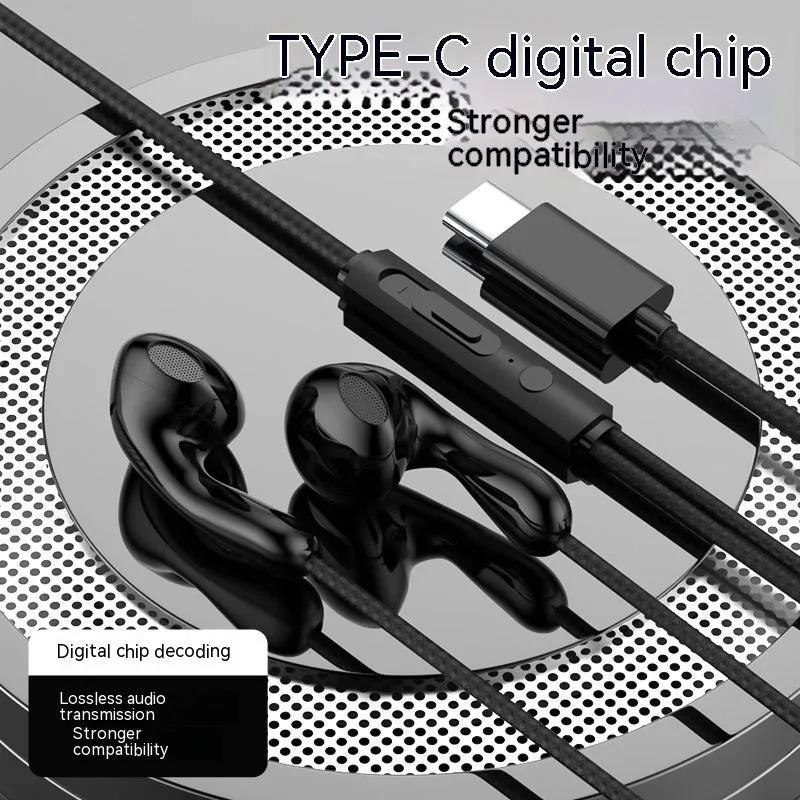 Type-C flat hole wired headset with flat cable and combined wire control, black colour variant