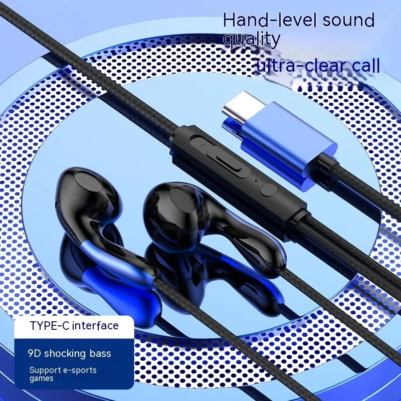 Type-C flat hole wired headset with flat cable and combined wire control, black colour variant