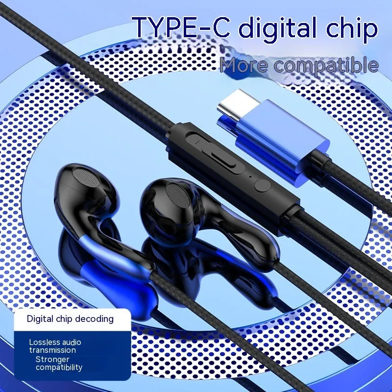 Type-C flat hole wired headset with flat cable and combined wire control, black colour variant