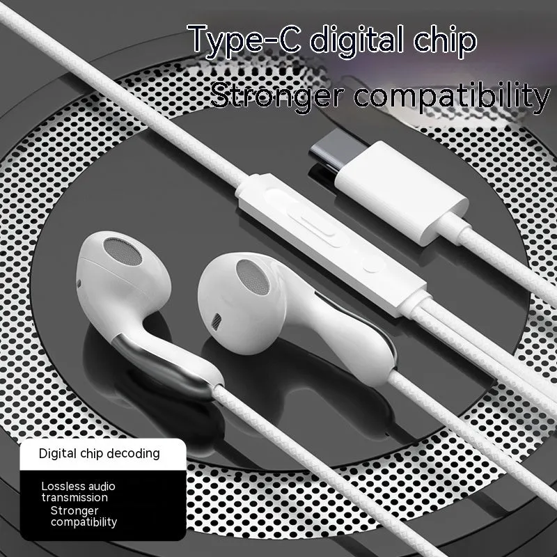Type-C flat hole wired headset with flat cable and combined wire control, black colour variant
