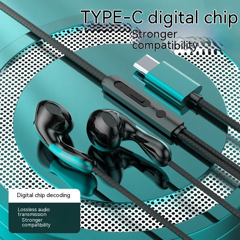 Type-C flat hole wired headset with flat cable and combined wire control, black colour variant