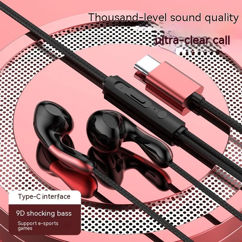 Type-C flat hole wired headset with flat cable and combined wire control, black colour variant