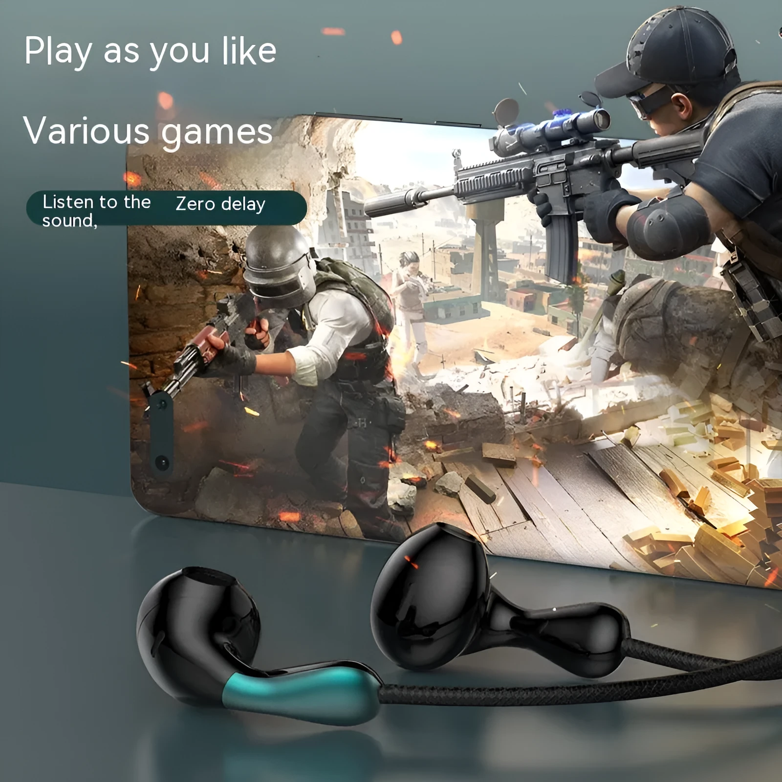 Type-C flat hole wired headset with flat cable and combined wire control, black colour variant