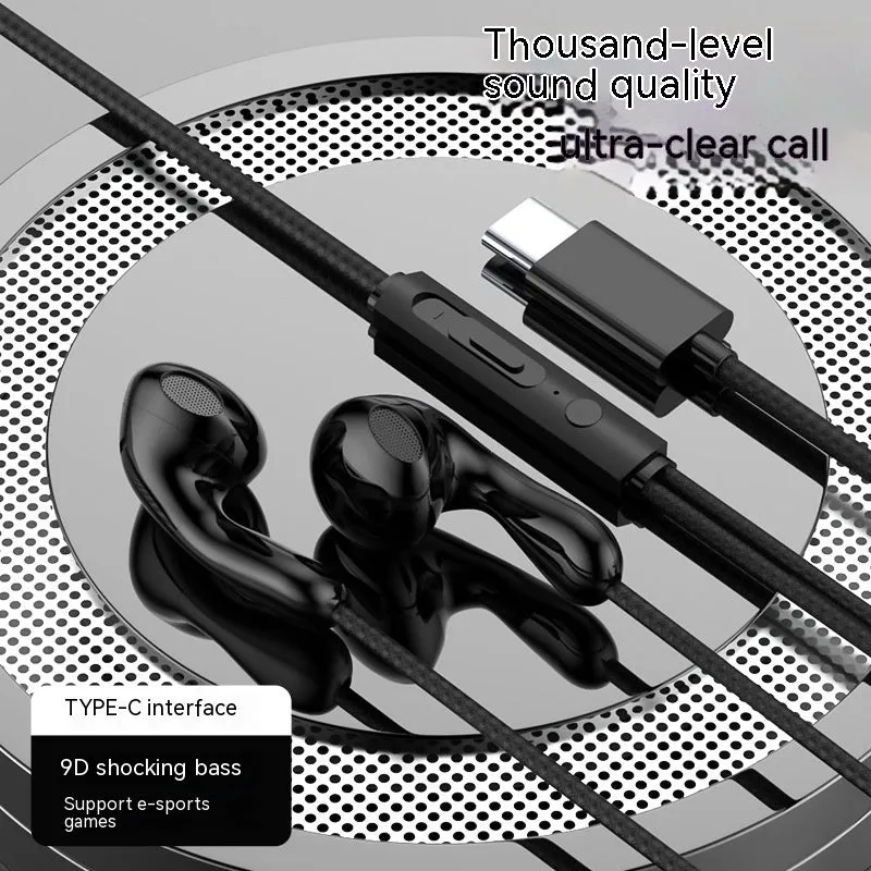 Type-C flat hole wired headset with flat cable and combined wire control, black colour variant