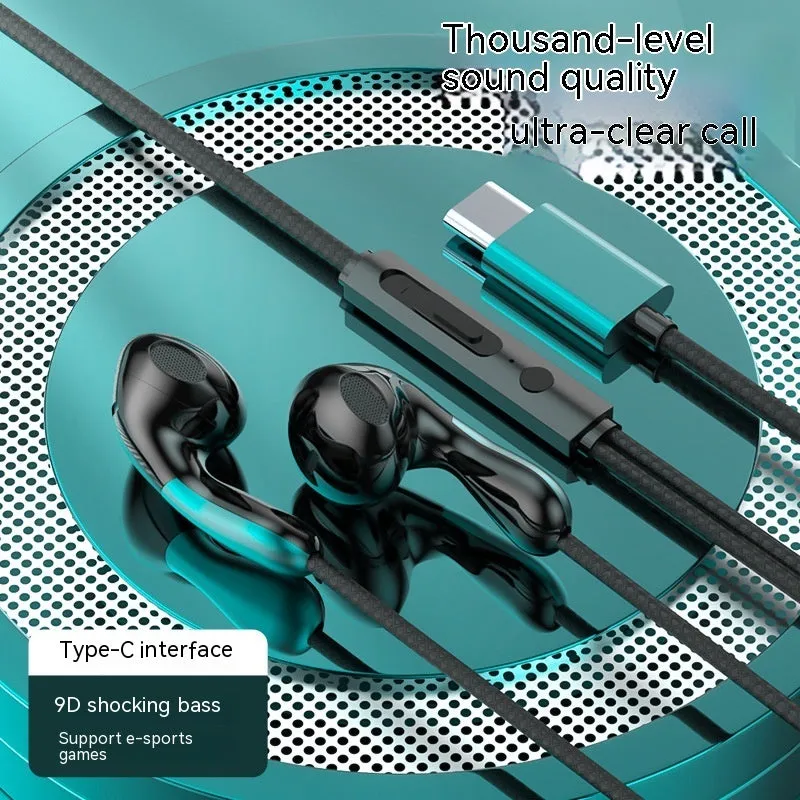 Type-C flat hole wired headset with flat cable and combined wire control, black colour variant