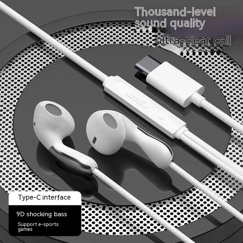 Type-C flat hole wired headset with flat cable and combined wire control, black colour variant