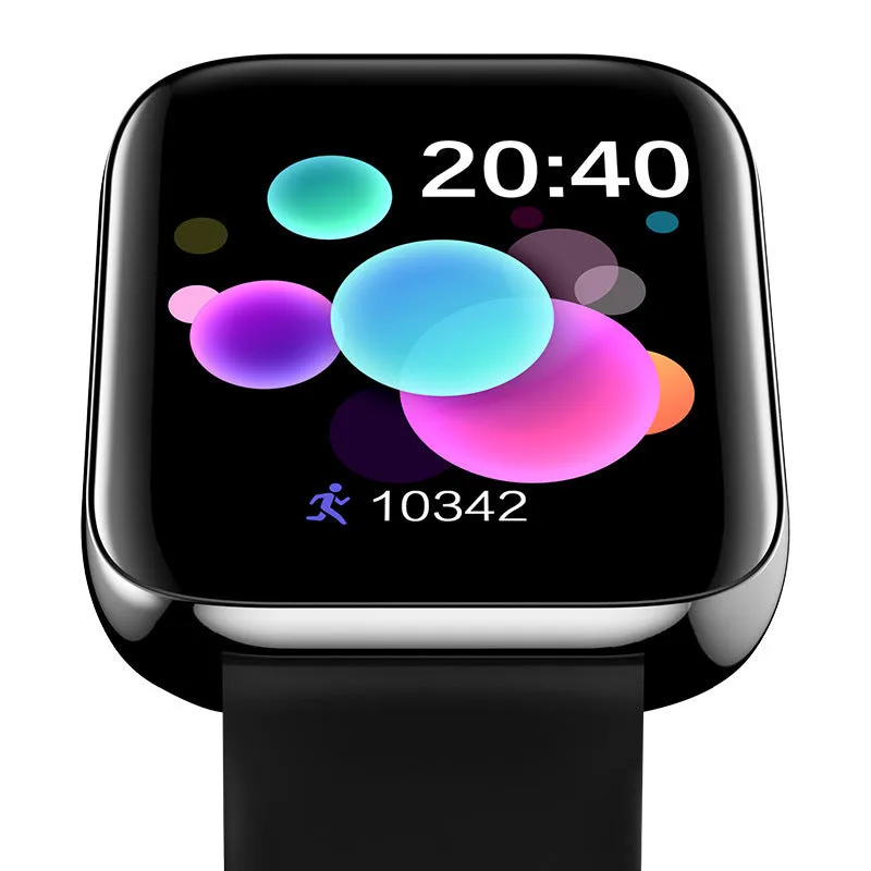 Smart fitness bracelet with touch screen on a silicone strap, showing Bluetooth call and blood pressure monitoring functions.