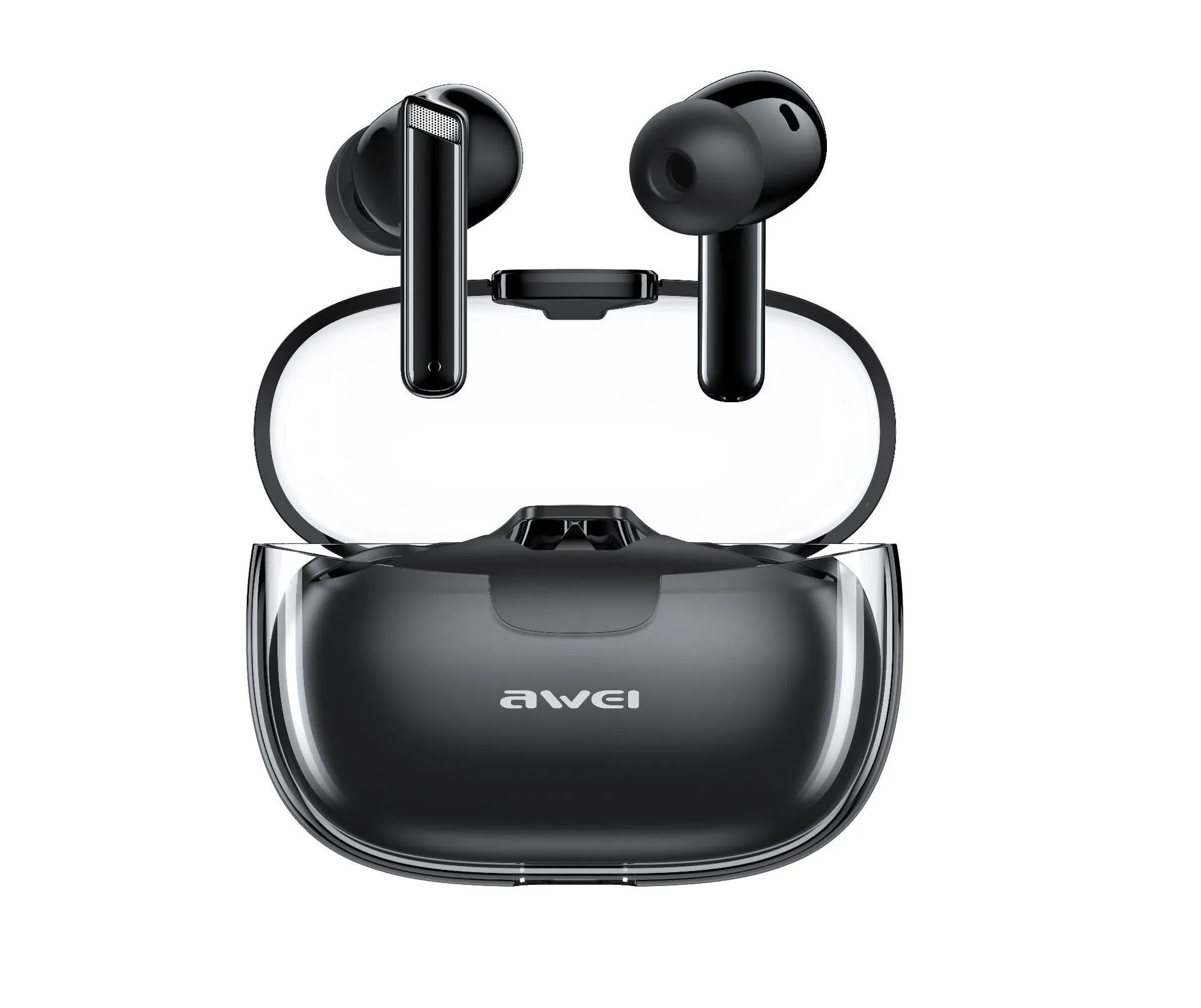 T52 transparent black TWS earbuds with charging case and breathing light