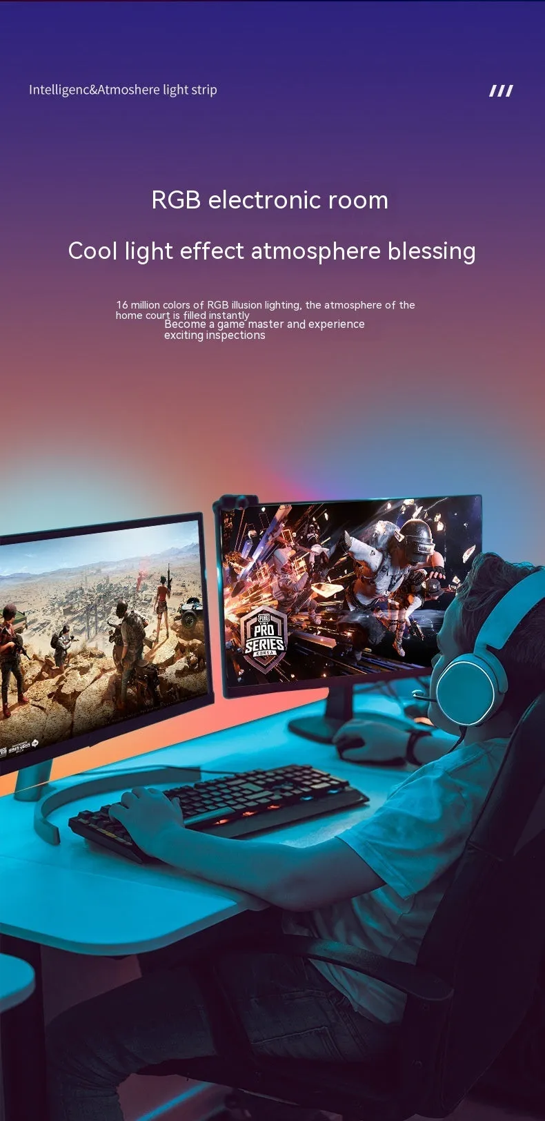 RGB esports desktop computer atmosphere backlight 5W silicone screen-sync strip IP65 for 24 inch monitor