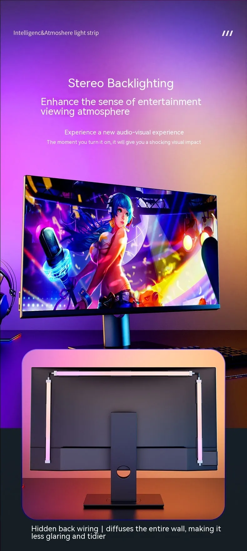 RGB esports desktop computer atmosphere backlight 5W silicone screen-sync strip IP65 for 24 inch monitor